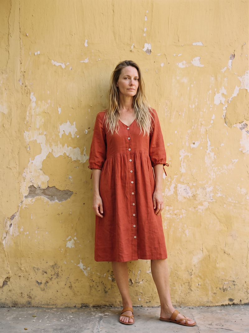 Tie Sleeve Linen Midi Dress in rust linen