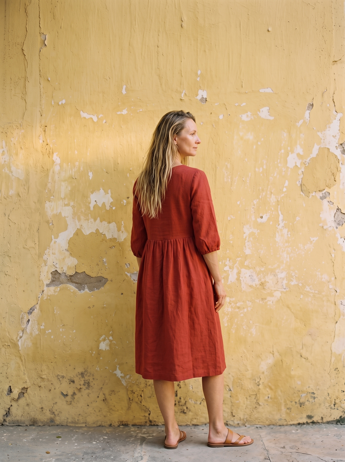 Tie Sleeve Linen Midi Dress in rust linen