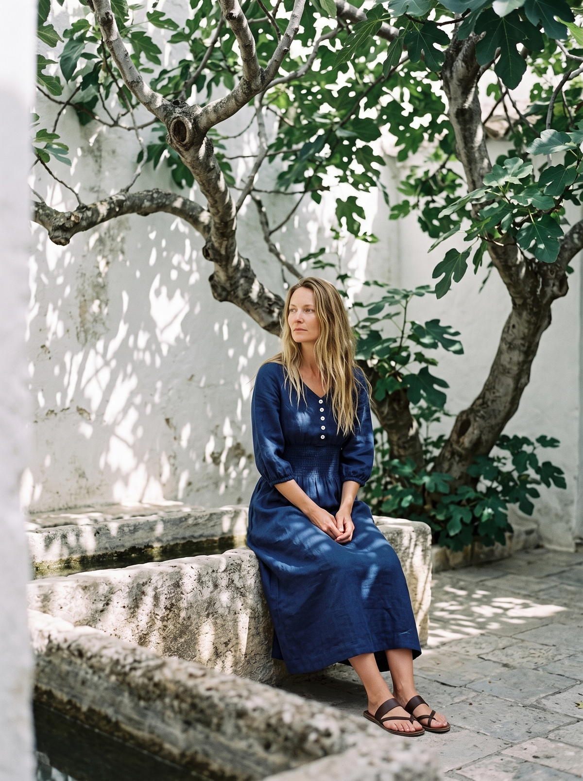 Smocked Waist Linen Midi Dress in indigo linen