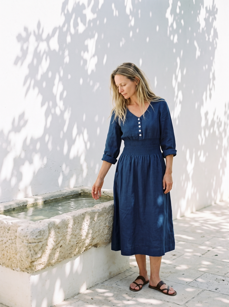 Smocked Waist Linen Midi Dress in indigo linen