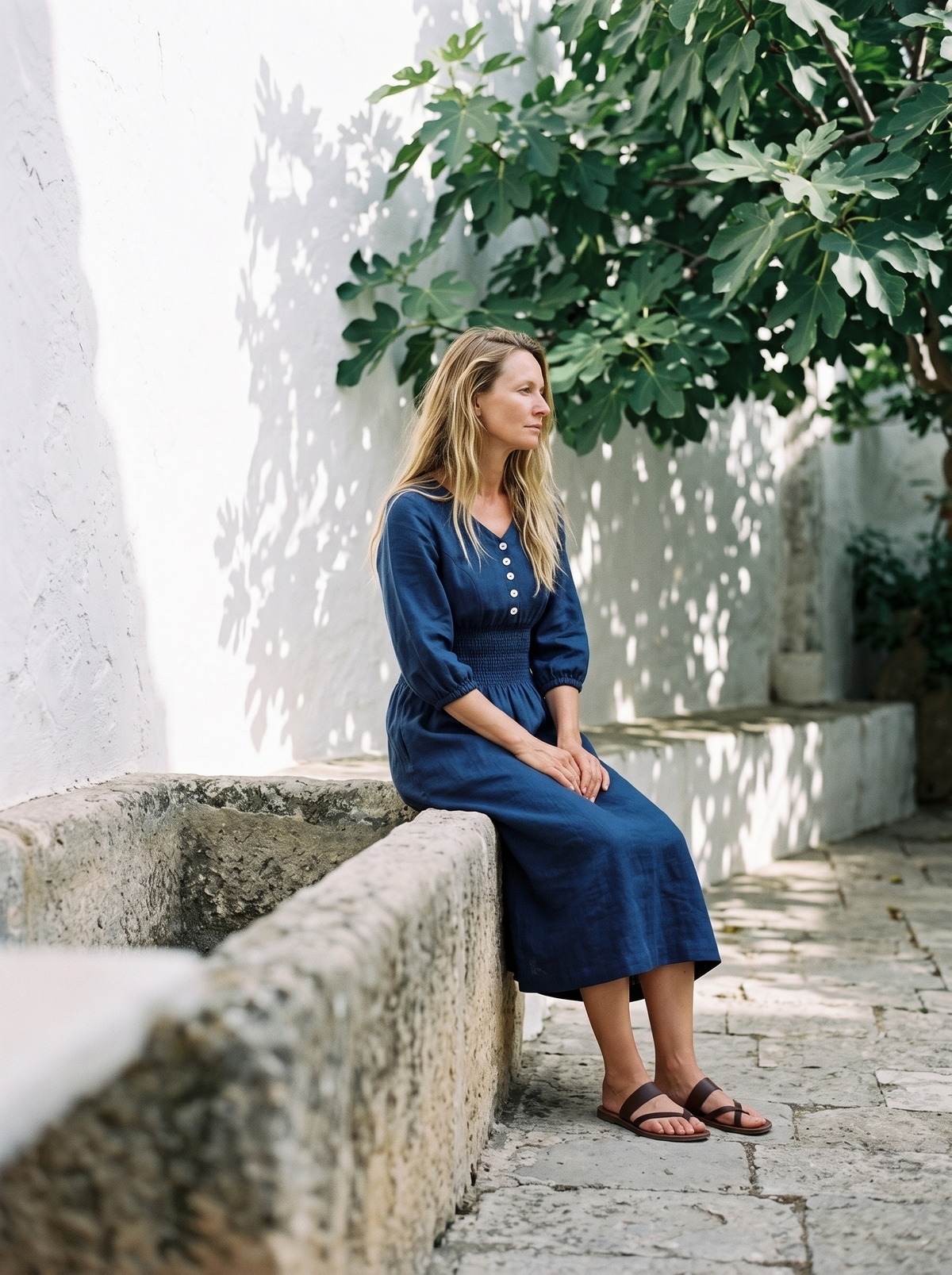 Smocked Waist Linen Midi Dress in indigo linen