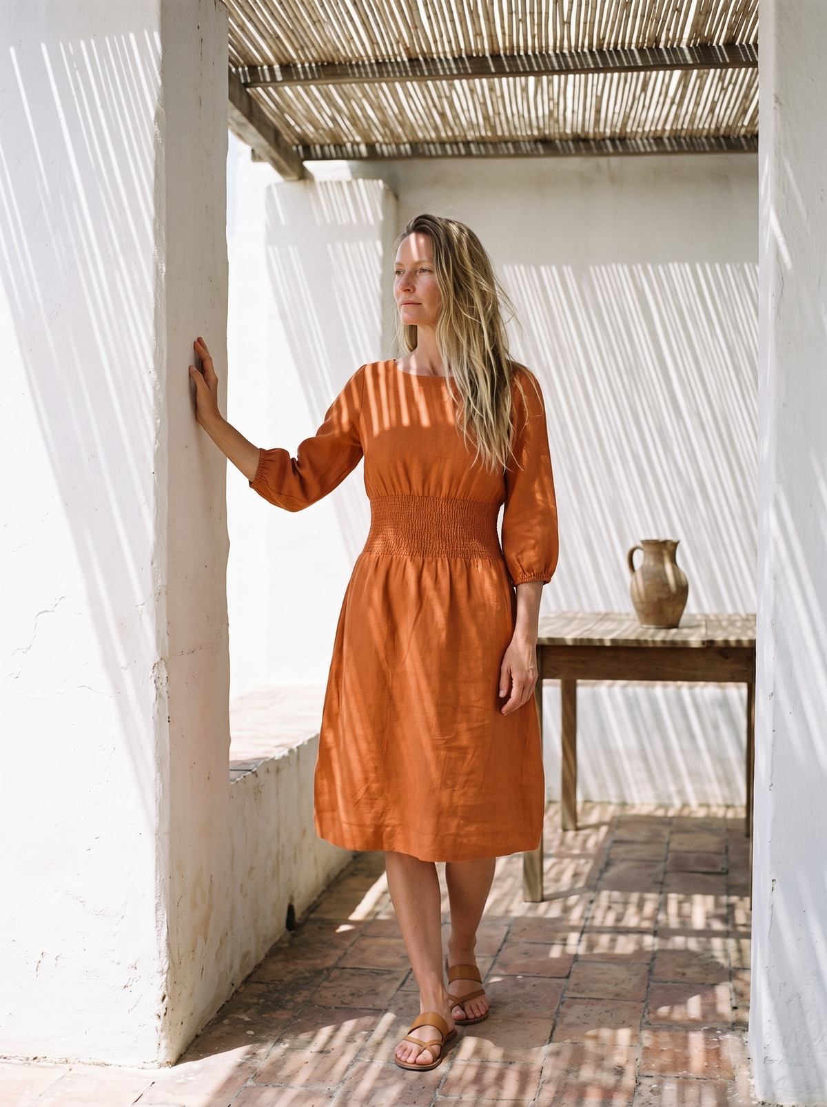 Boat Neck Smocked Linen Dress in orange linen