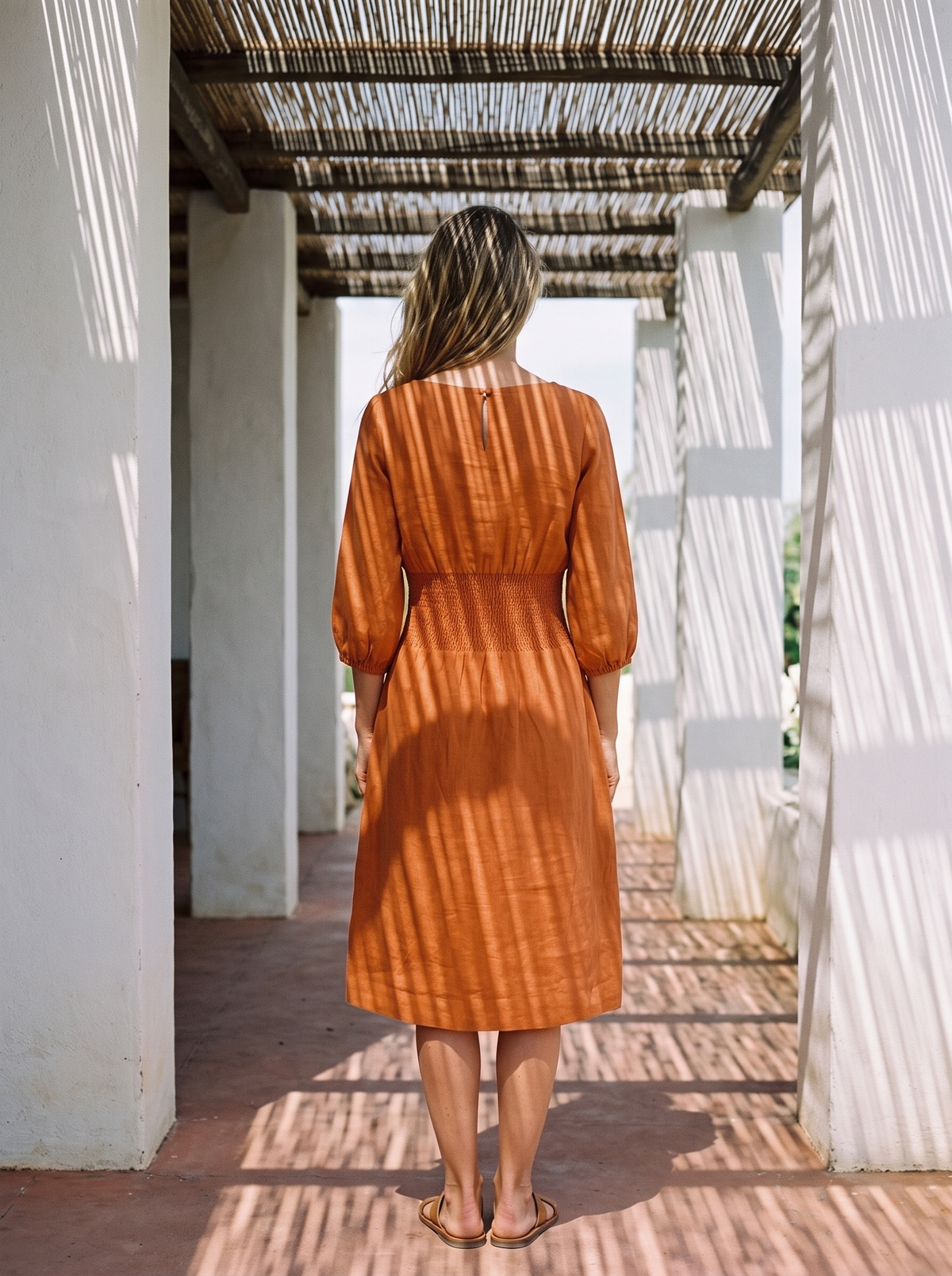 Boat Neck Smocked Linen Dress in orange linen