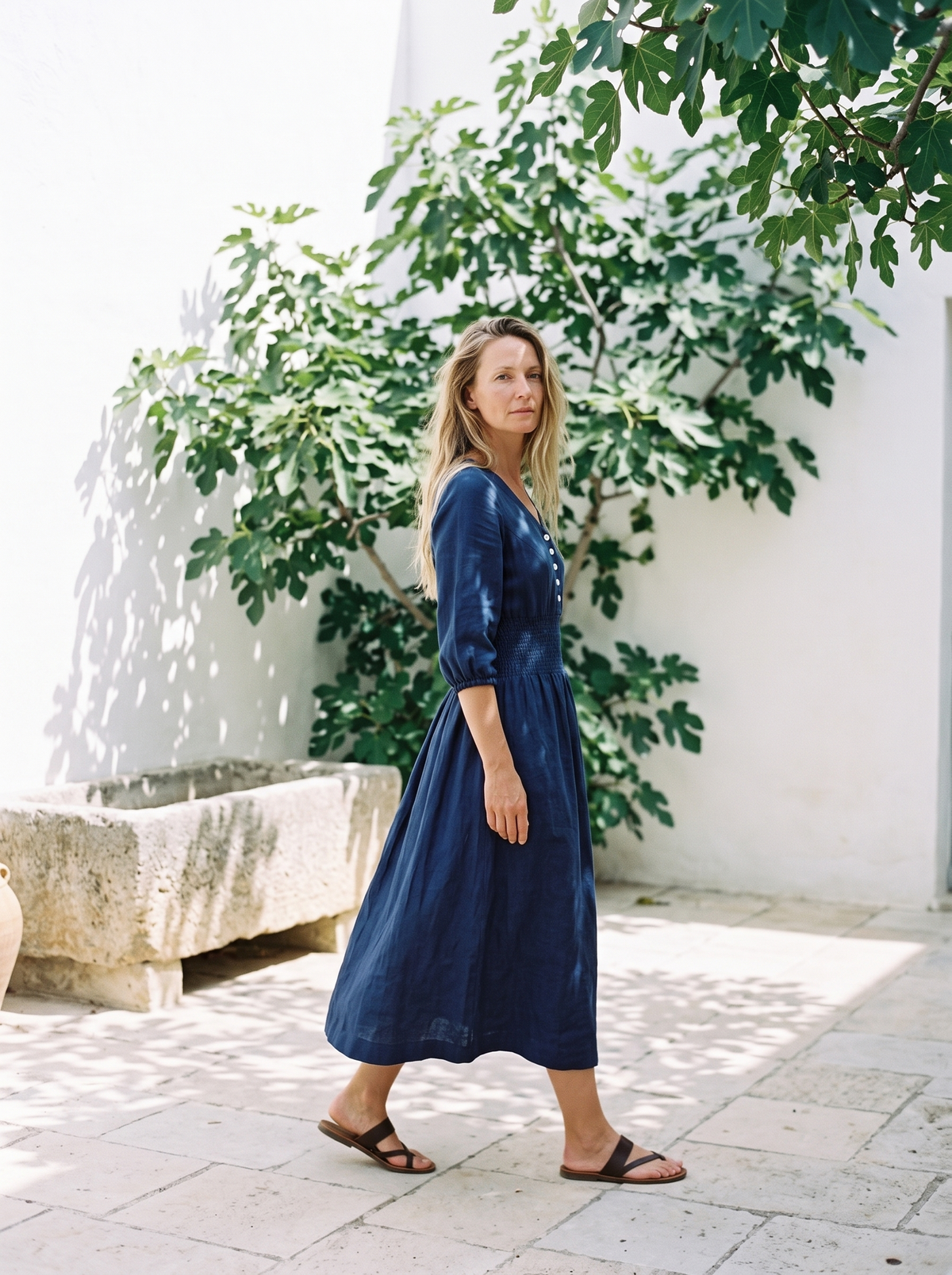 Smocked Waist Linen Midi Dress in indigo linen