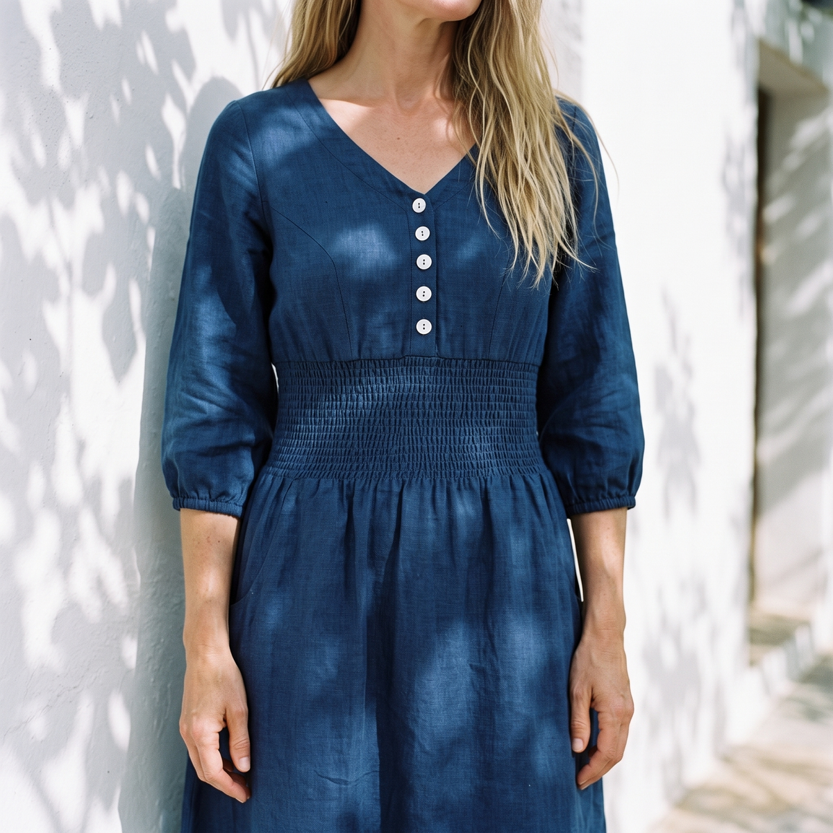 Smocked Waist Linen Midi Dress in indigo linen