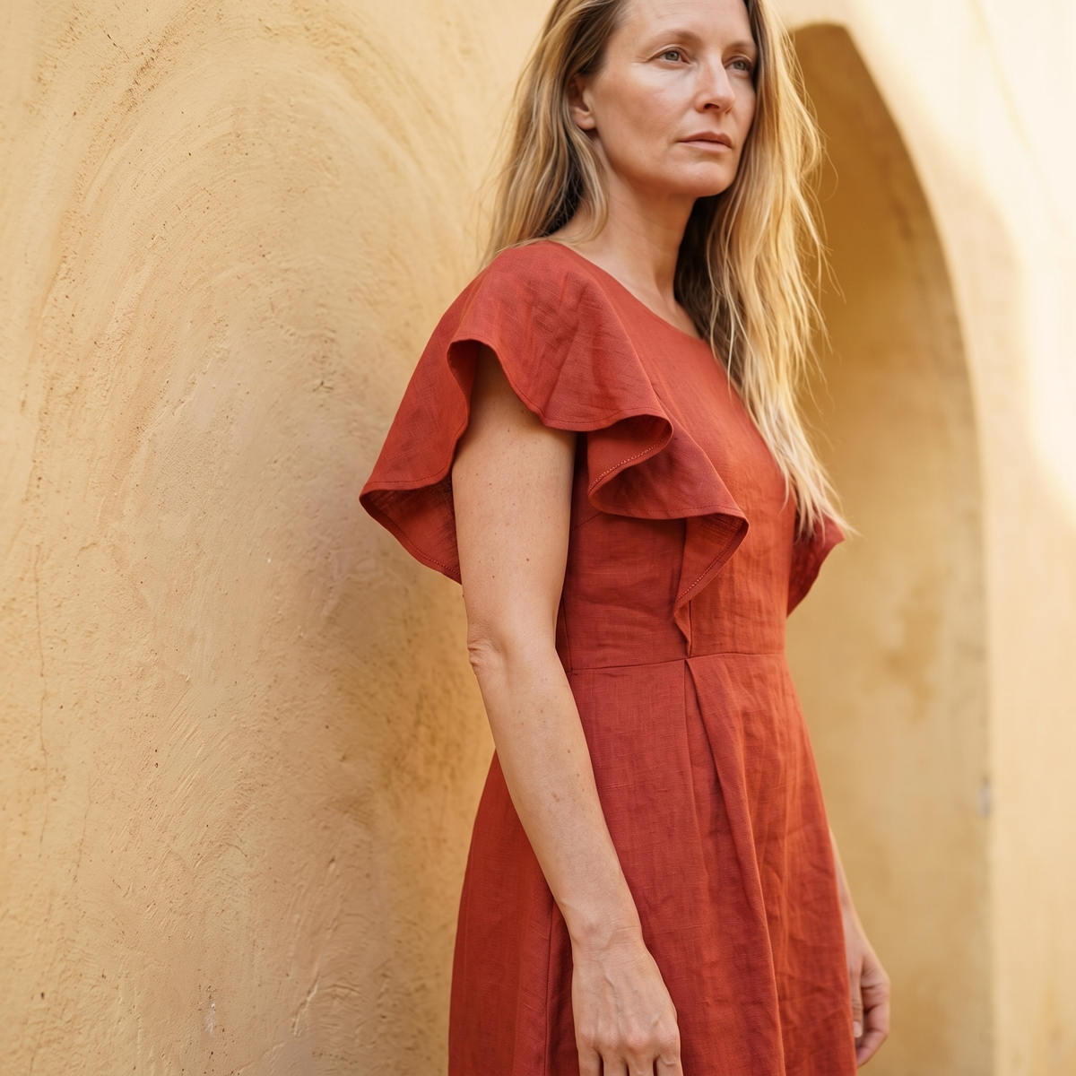 Frill Sleeve Linen Dress