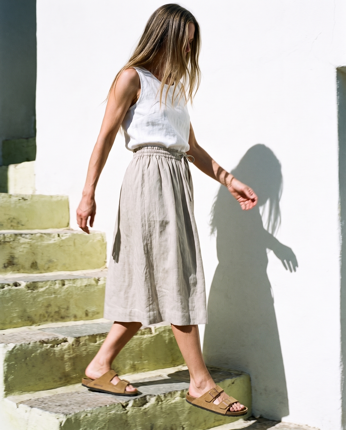 Gathered Linen Midi Skirt Natural in washed linen, Ellementree