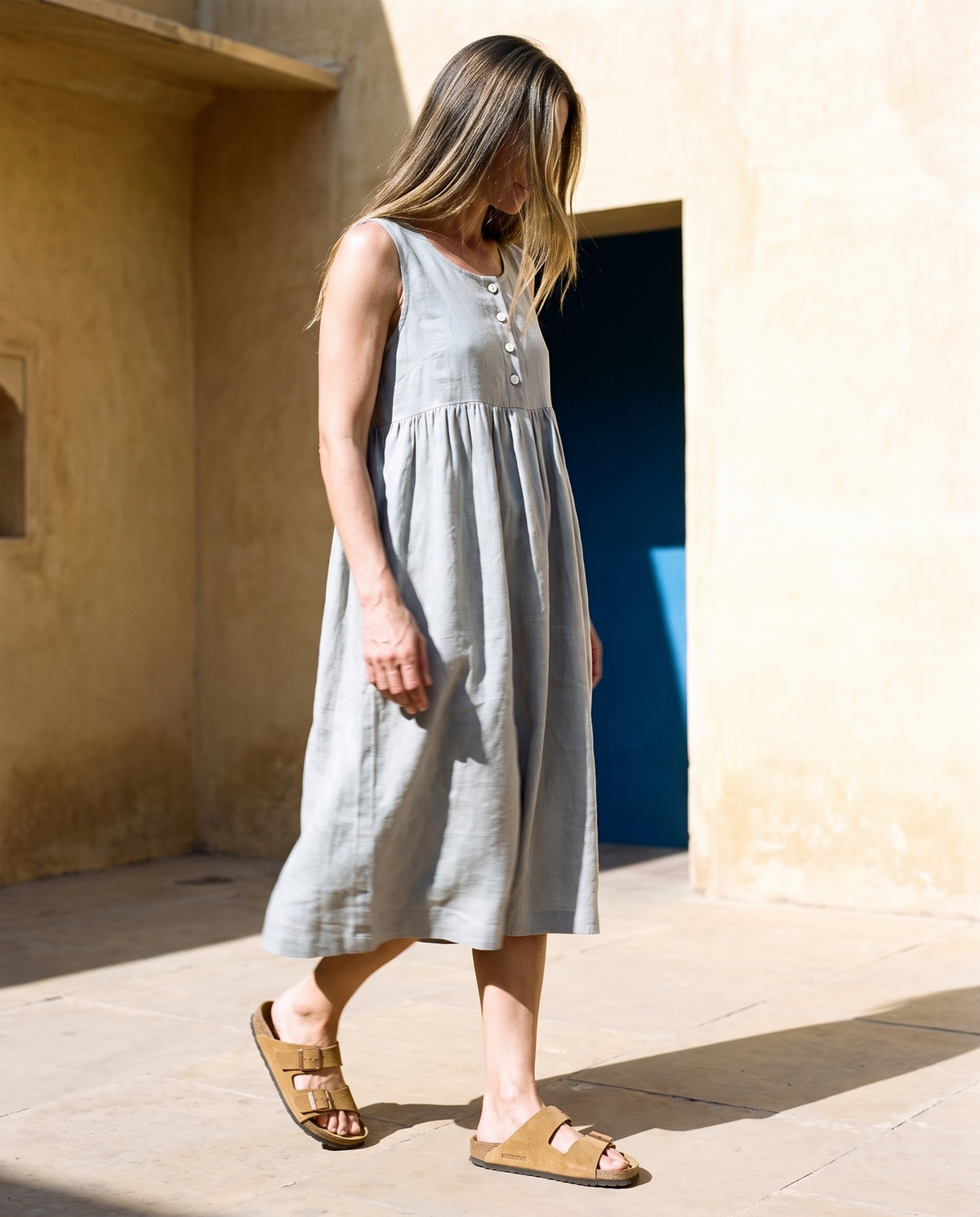 Button Front Gathered Midi in light grey