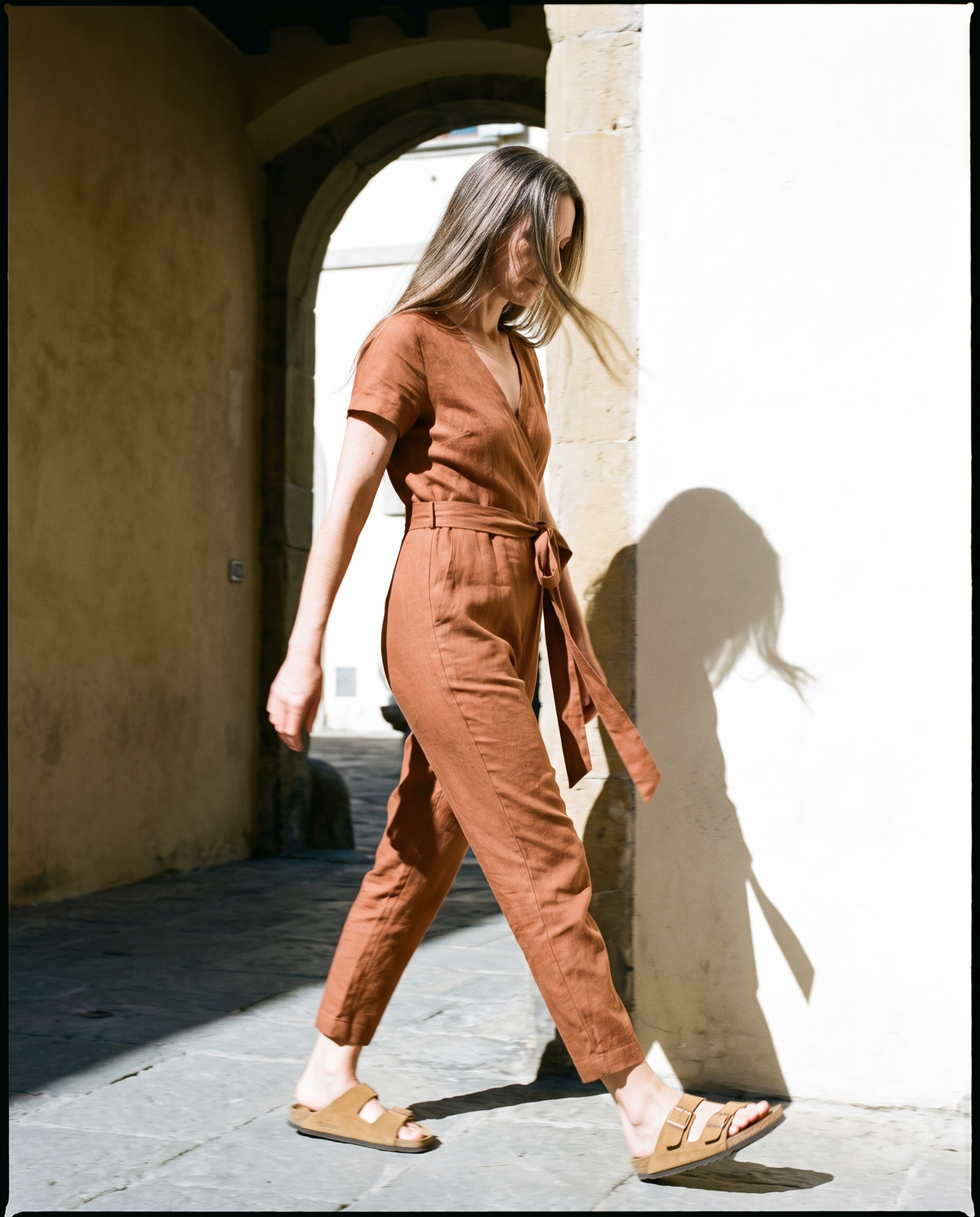 Wrap Linen Jumpsuit in cinnamon