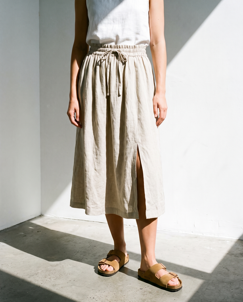 Gathered Linen Midi Skirt Natural in washed linen, Ellementree