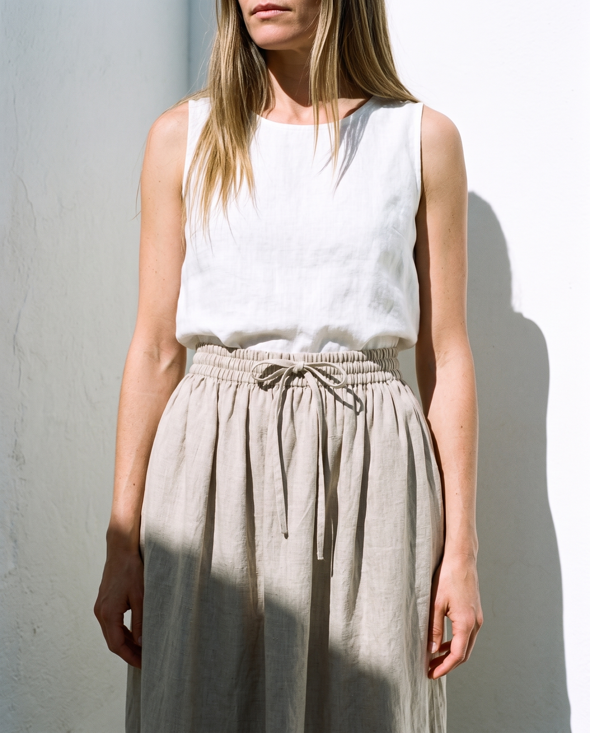 Gathered Linen Midi Skirt Natural in washed linen, Ellementree