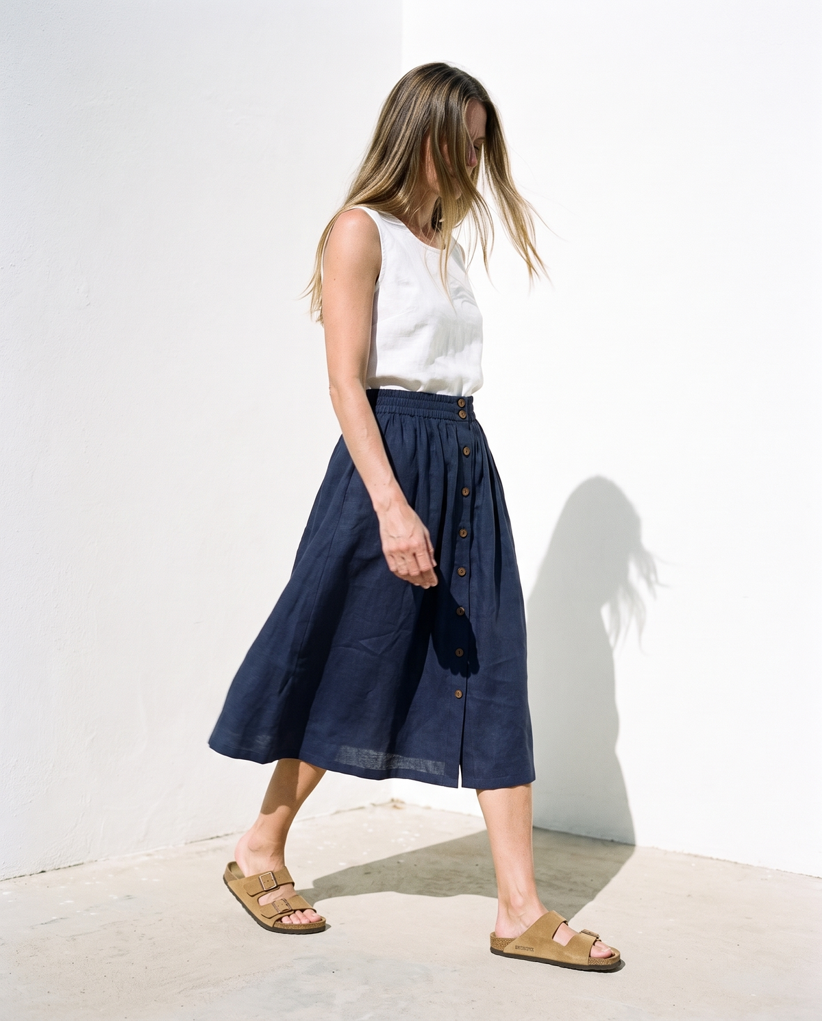 Gathered Linen Midi Skirt Navy in washed linen, Ellementree