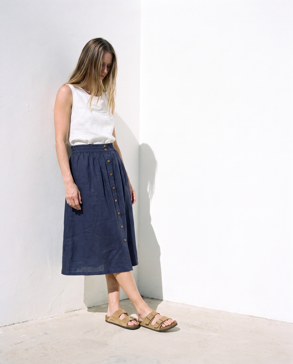 Gathered Linen Midi Skirt Navy in washed linen, Ellementree