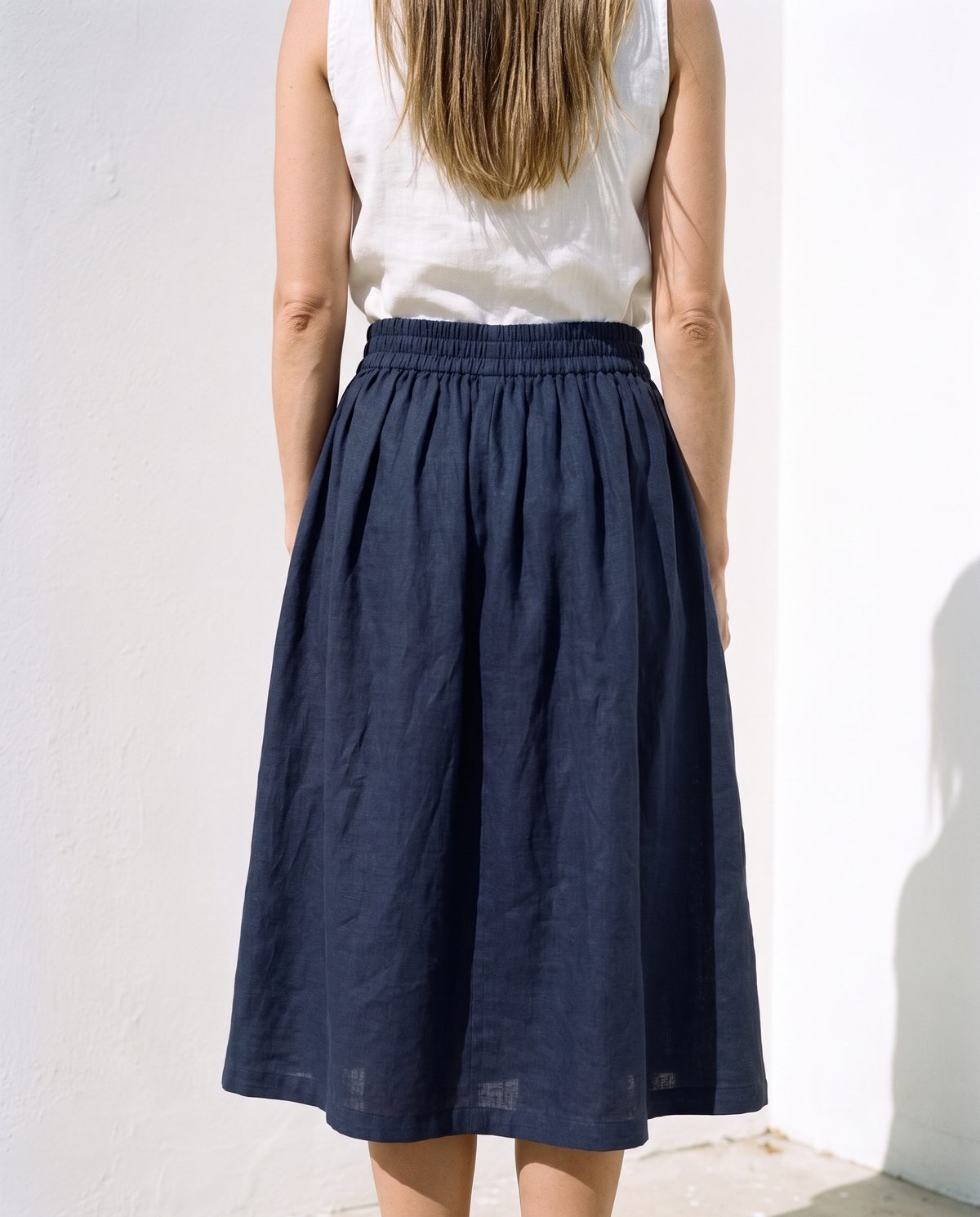 Gathered Linen Midi Skirt Navy in washed linen, Ellementree