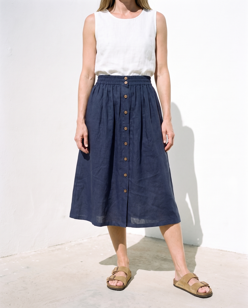 Gathered Linen Midi Skirt Navy in washed linen, Ellementree
