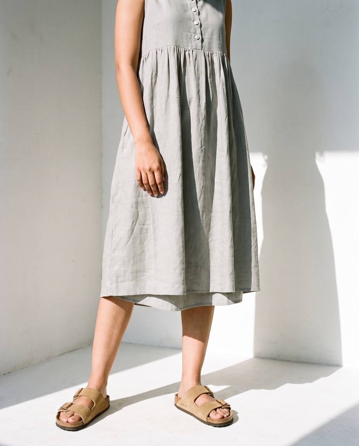 Button Front Gathered Midi in light grey