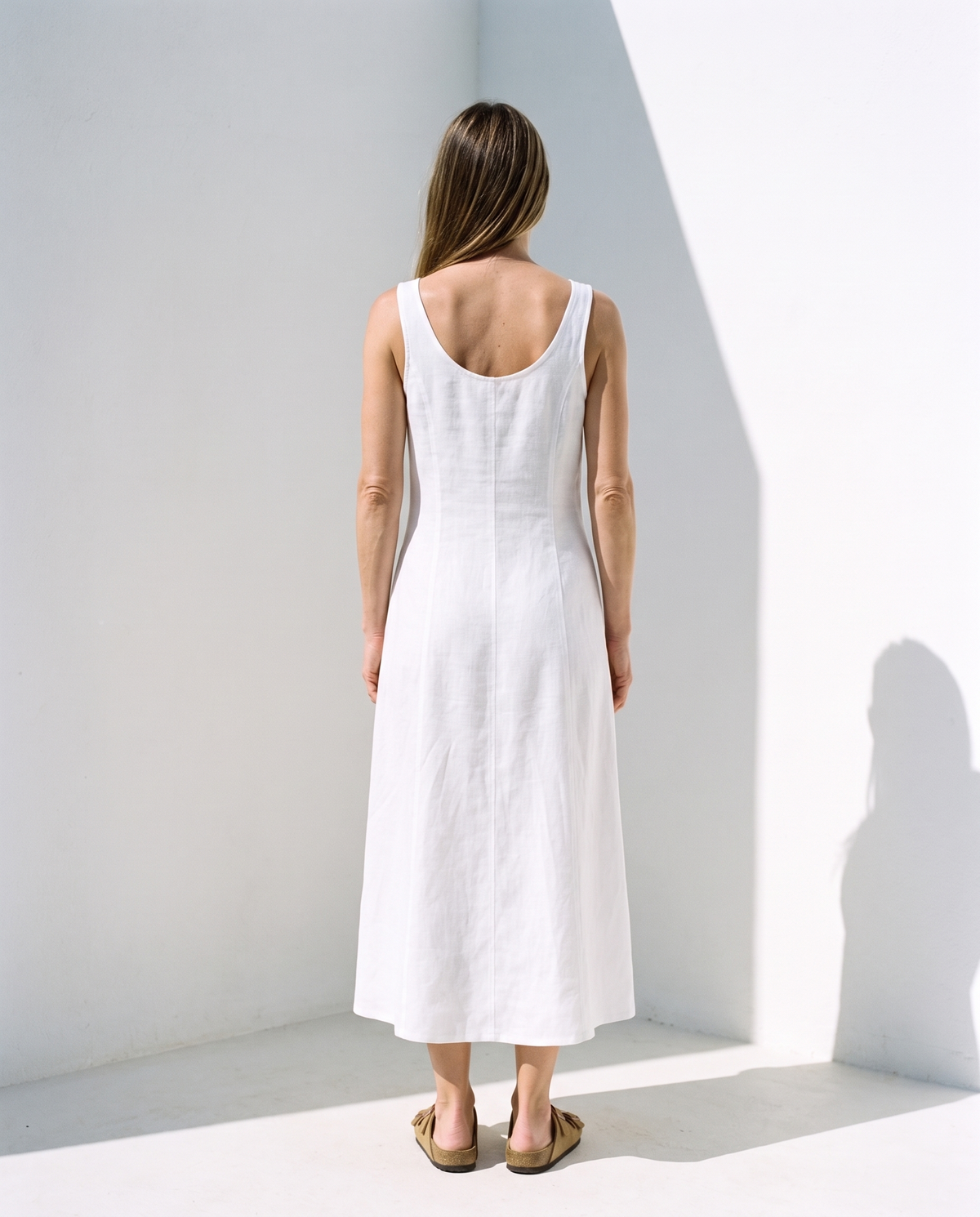 Button Front Linen Midi in white