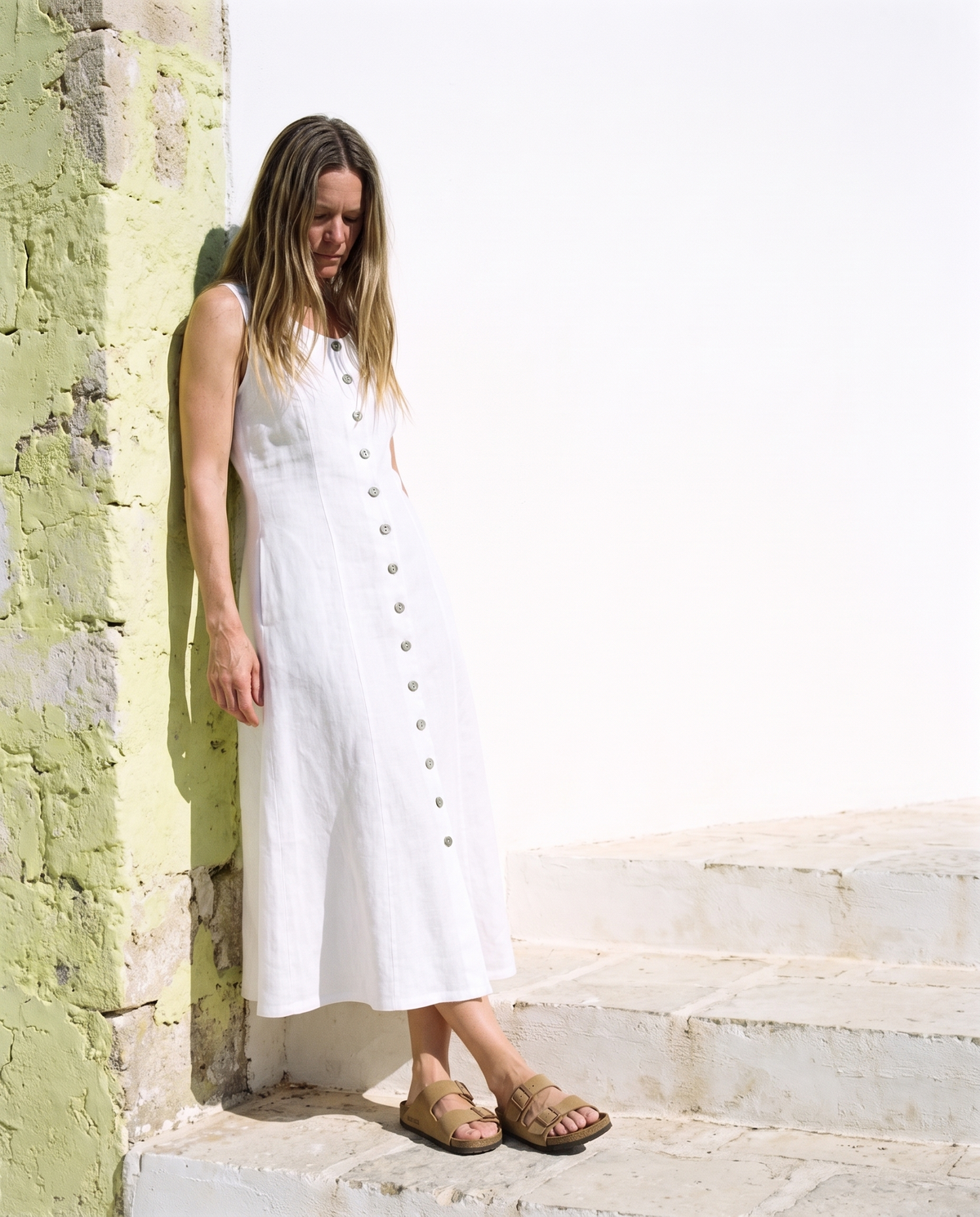 Button Front Linen Midi in white