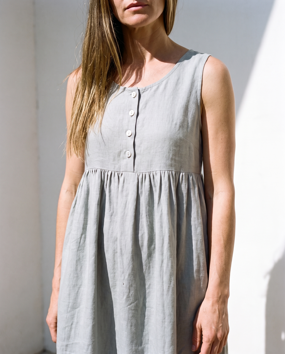 Button Front Gathered Midi in light grey