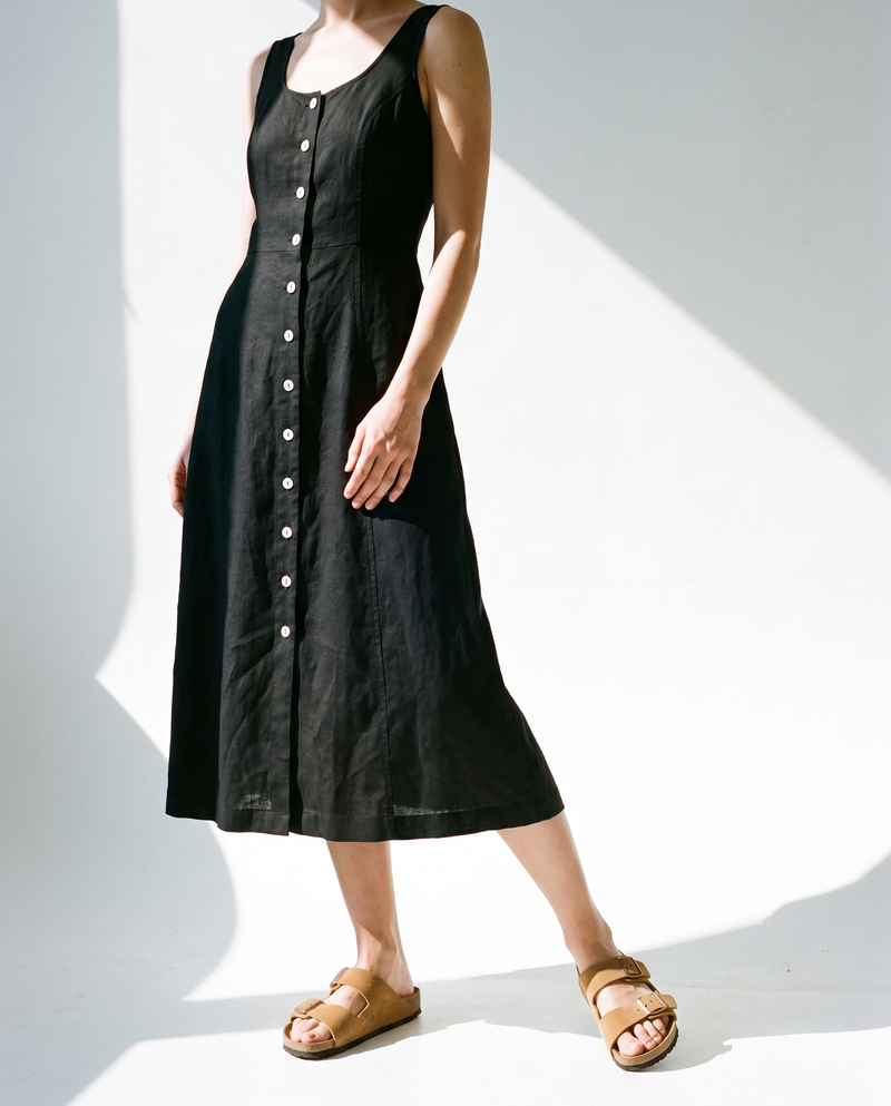 Button Front Linen Midi in black