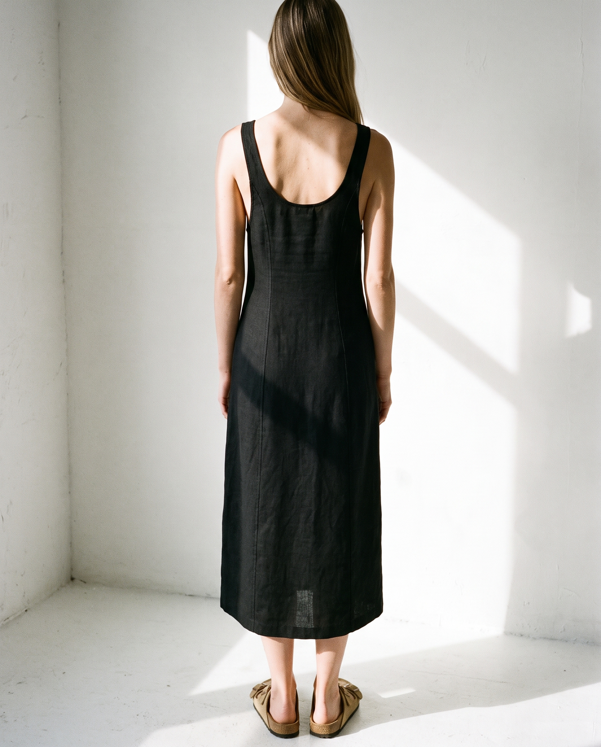 Button Front Linen Midi in black