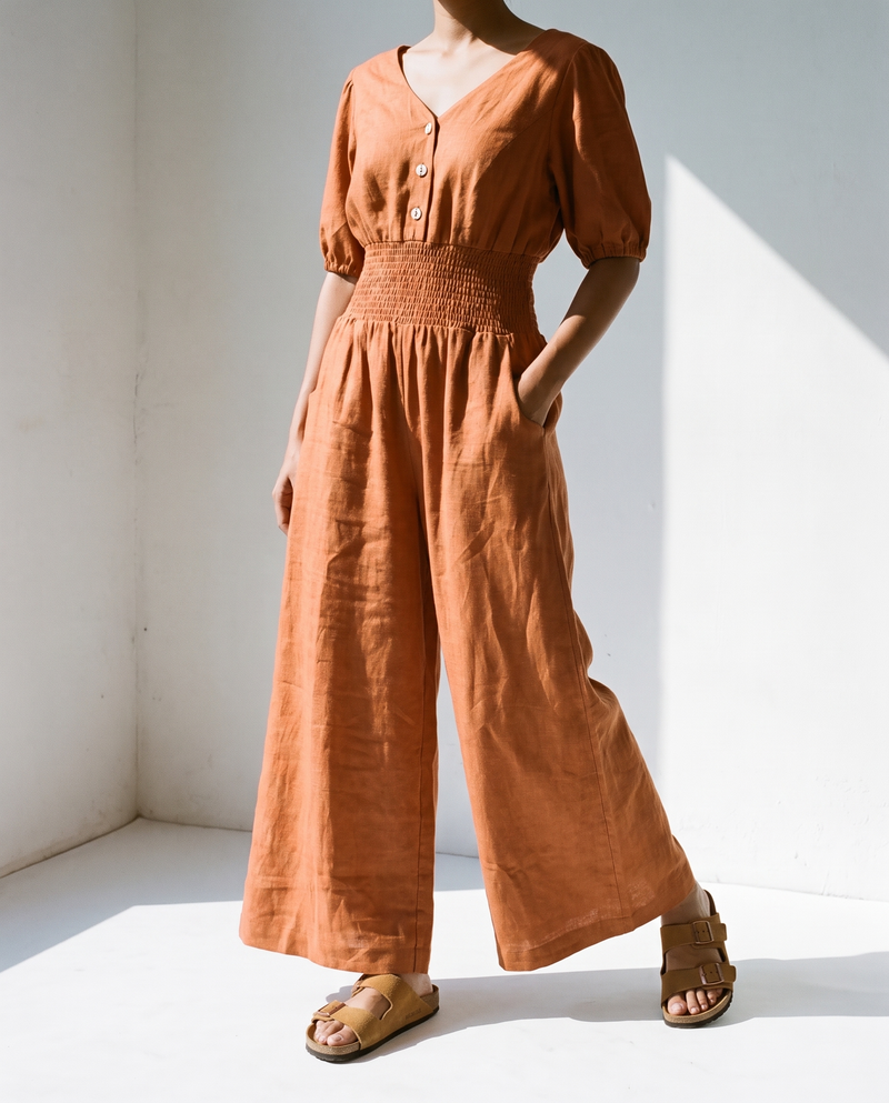 Button Front Linen Maxi Jumpsuit