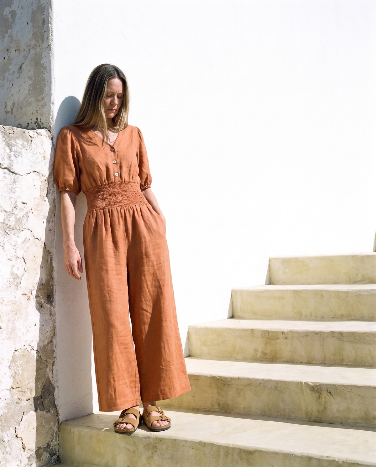 Button Front Linen Maxi Jumpsuit