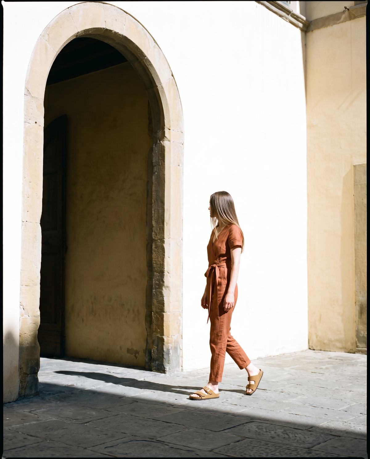 Wrap Linen Jumpsuit in cinnamon