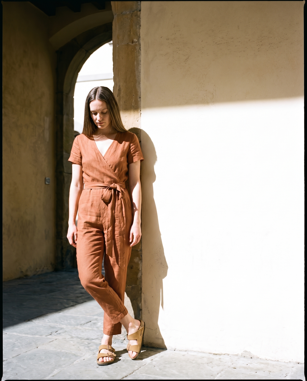 Wrap Linen Jumpsuit in cinnamon