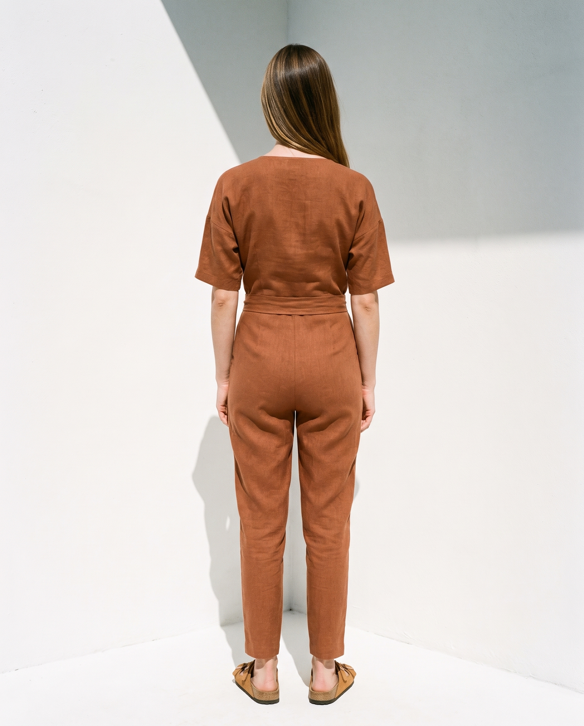 Wrap Linen Jumpsuit in cinnamon