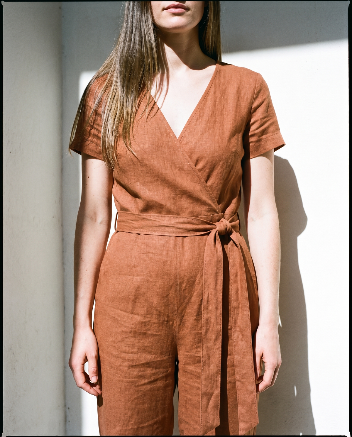 Wrap Linen Jumpsuit in cinnamon
