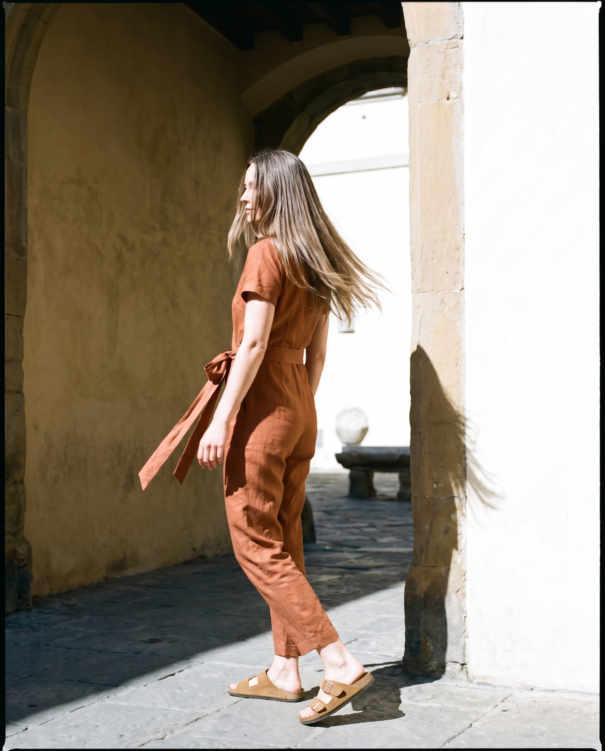 Wrap Linen Jumpsuit in cinnamon