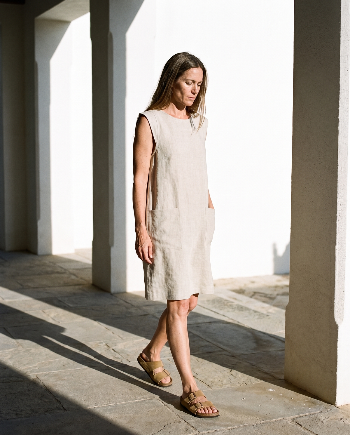 Patch Pocket Sleeveless Linen Shift Dress PIA
