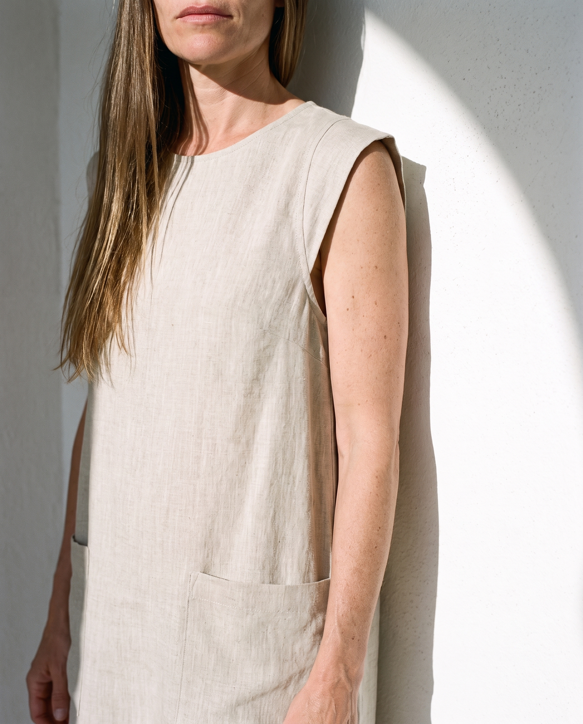 Patch Pocket Sleeveless Linen Shift Dress PIA