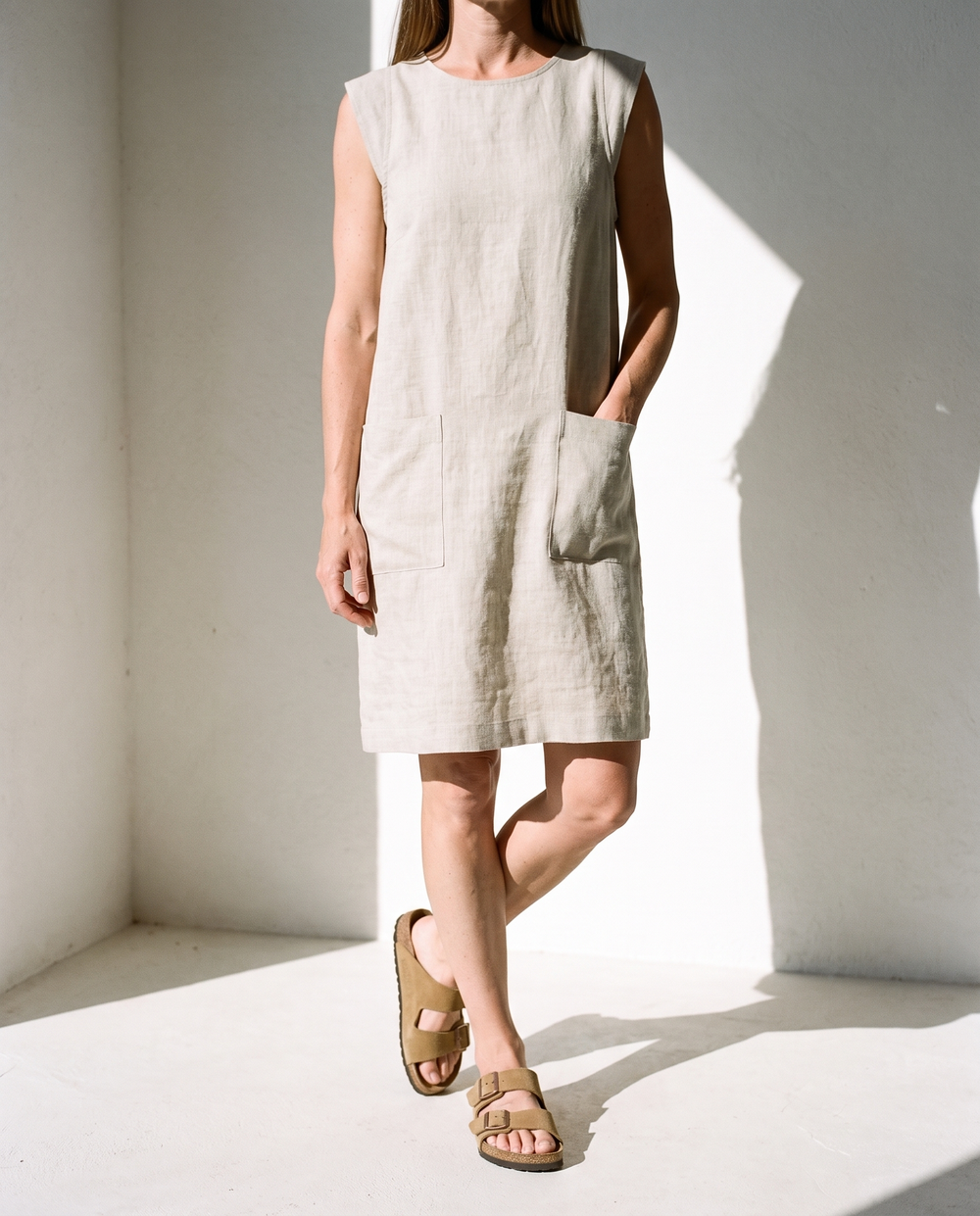 Patch Pocket Sleeveless Linen Shift Dress PIA
