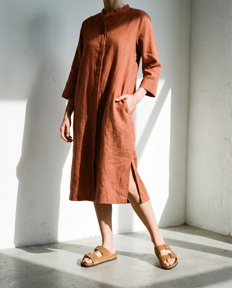 Band Collar Linen Shirt Dress AVA