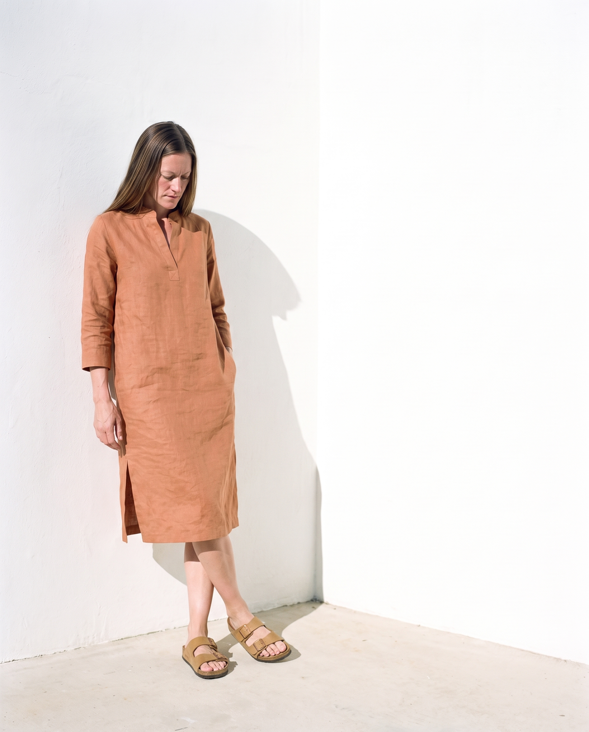 Band Collar Linen Shirt Dress AVA