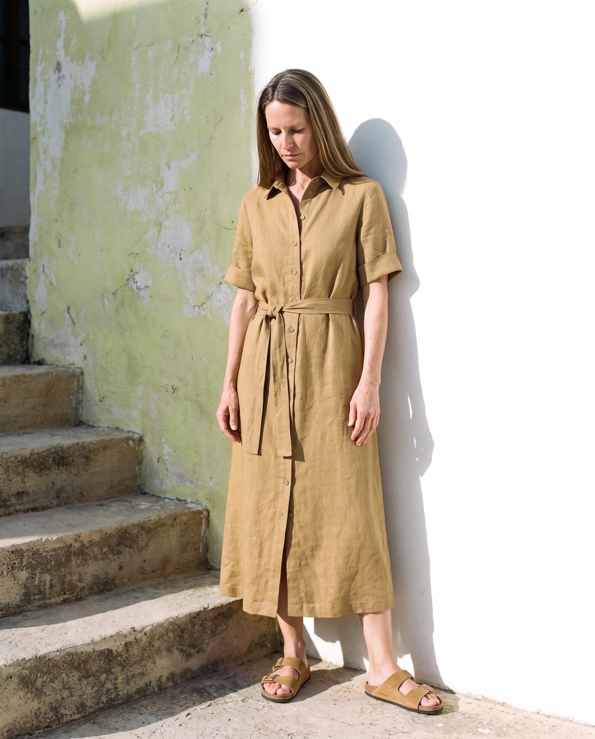 Linen Shirt Dress in ochre