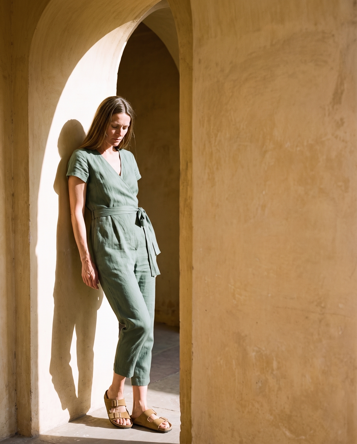 Wrap Linen Jumpsuit in moss