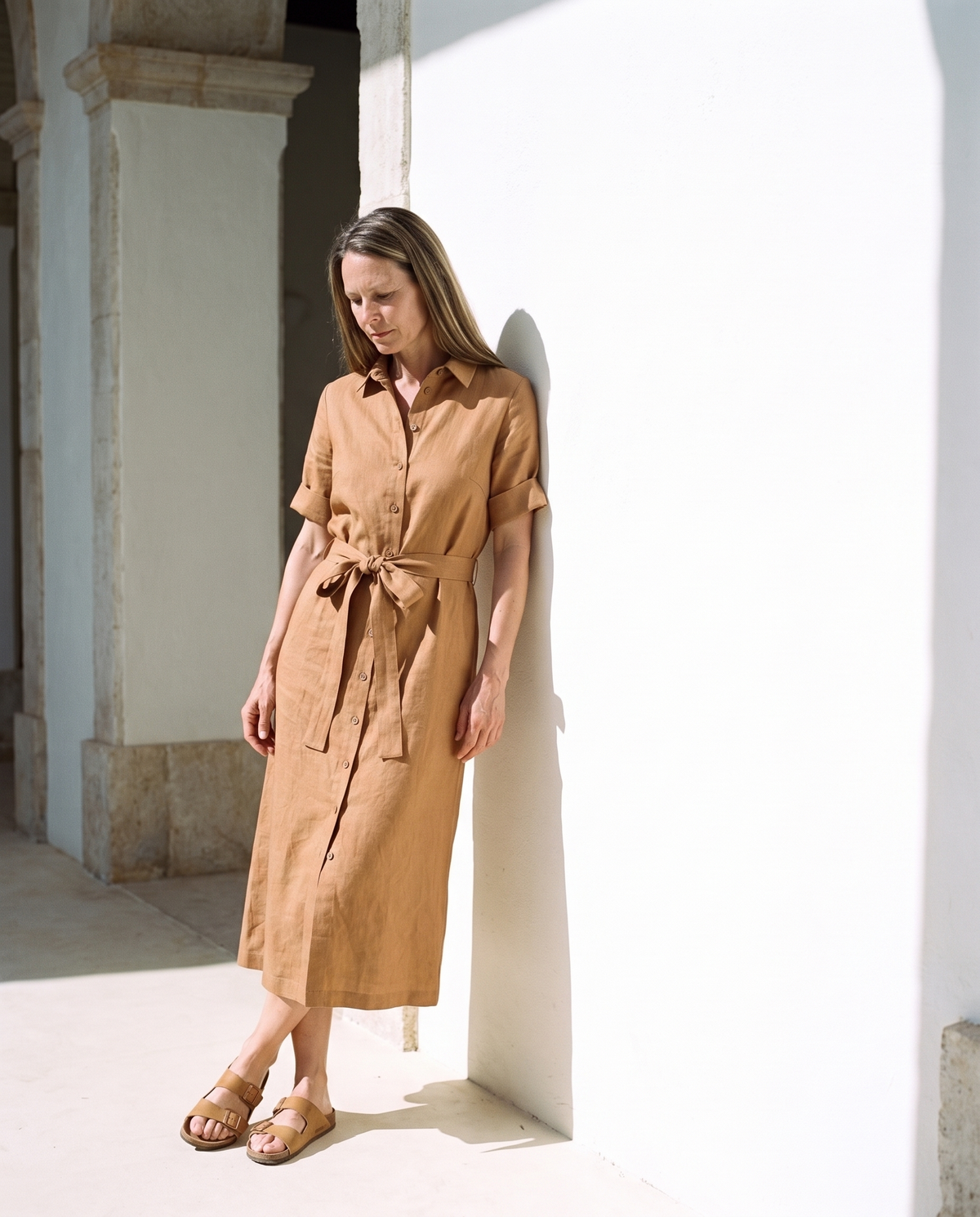 Linen Shirt Dress in camel