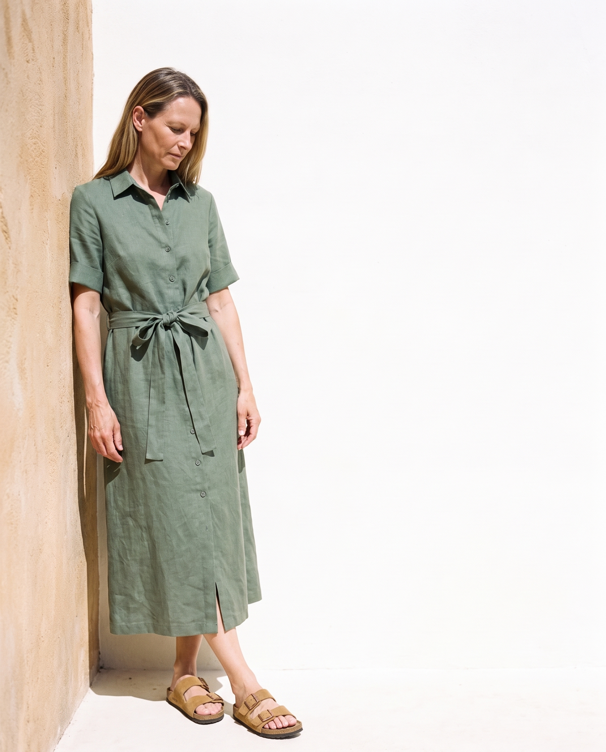 Linen Shirt Dress in moss