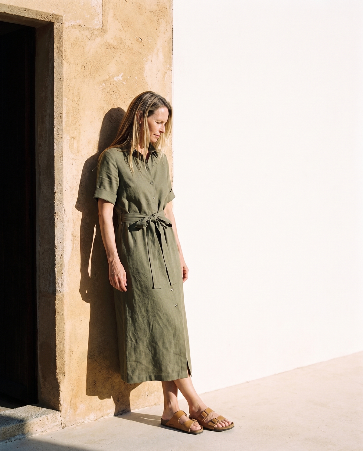 Linen Shirt Dress in olive
