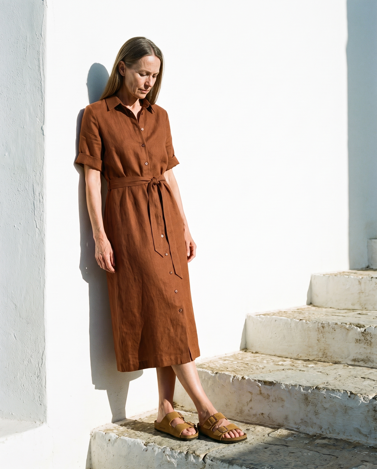 Linen Shirt Dress in cinnamon