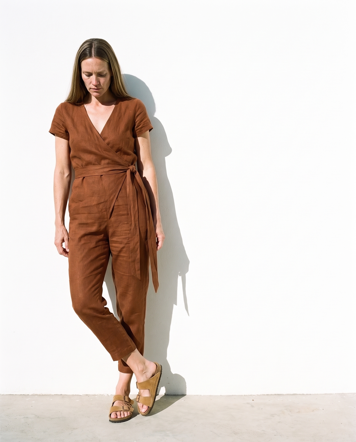 Wrap Linen Jumpsuit in cinnamon