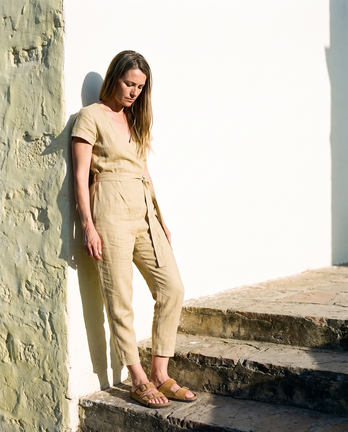 Wrap Linen Jumpsuit in wheat