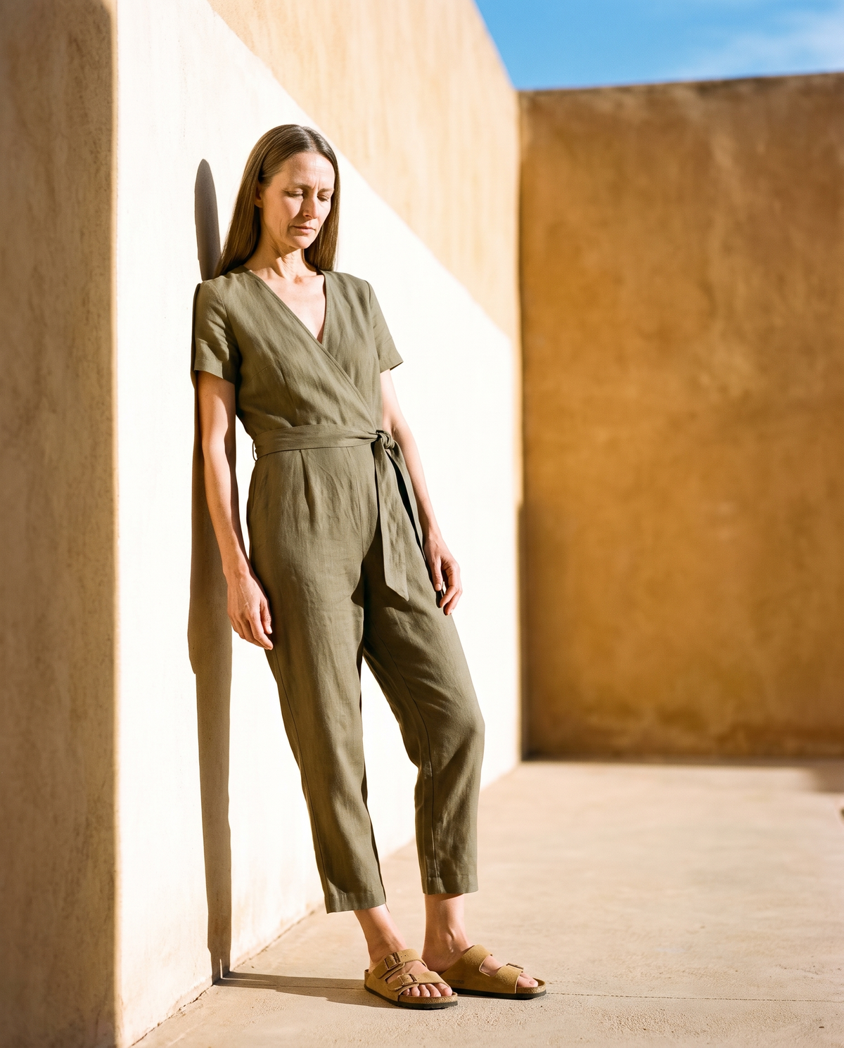 Wrap Linen Jumpsuit in olive