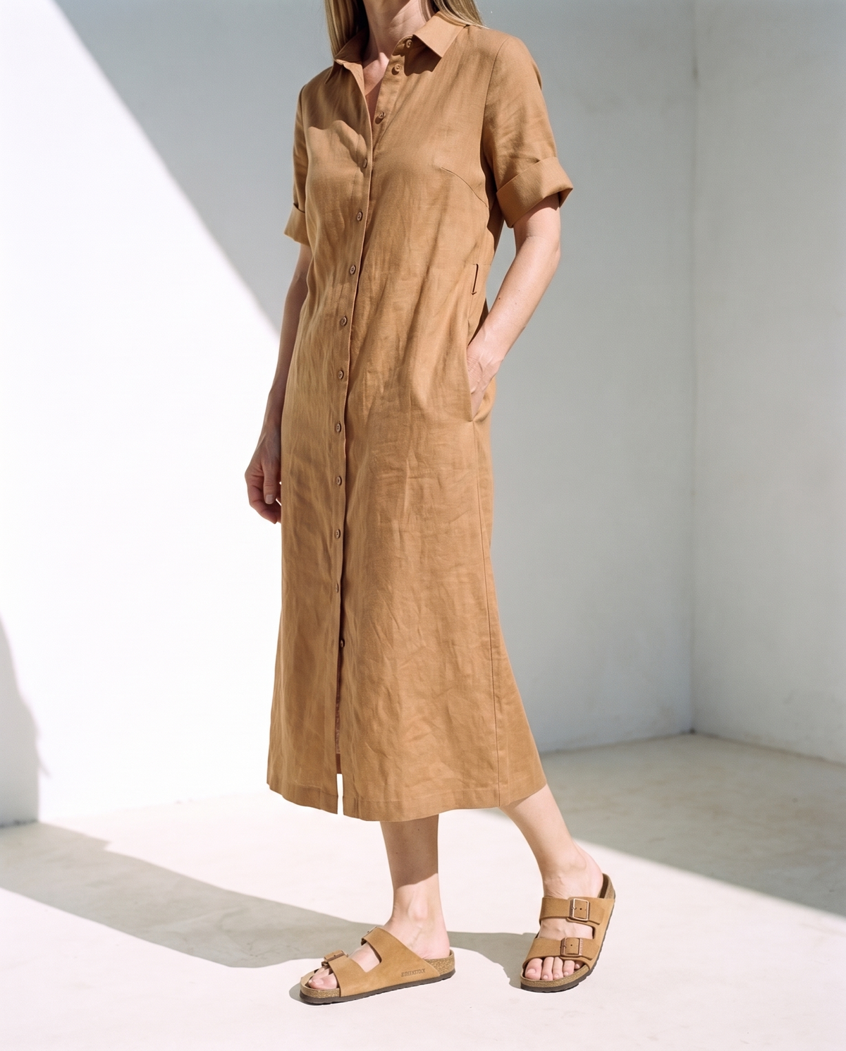 Linen Shirt Dress in camel