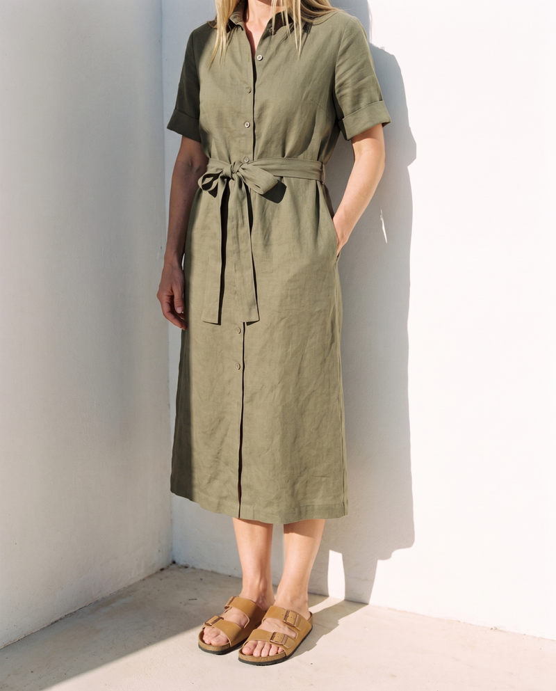 Linen Shirt Dress in olive