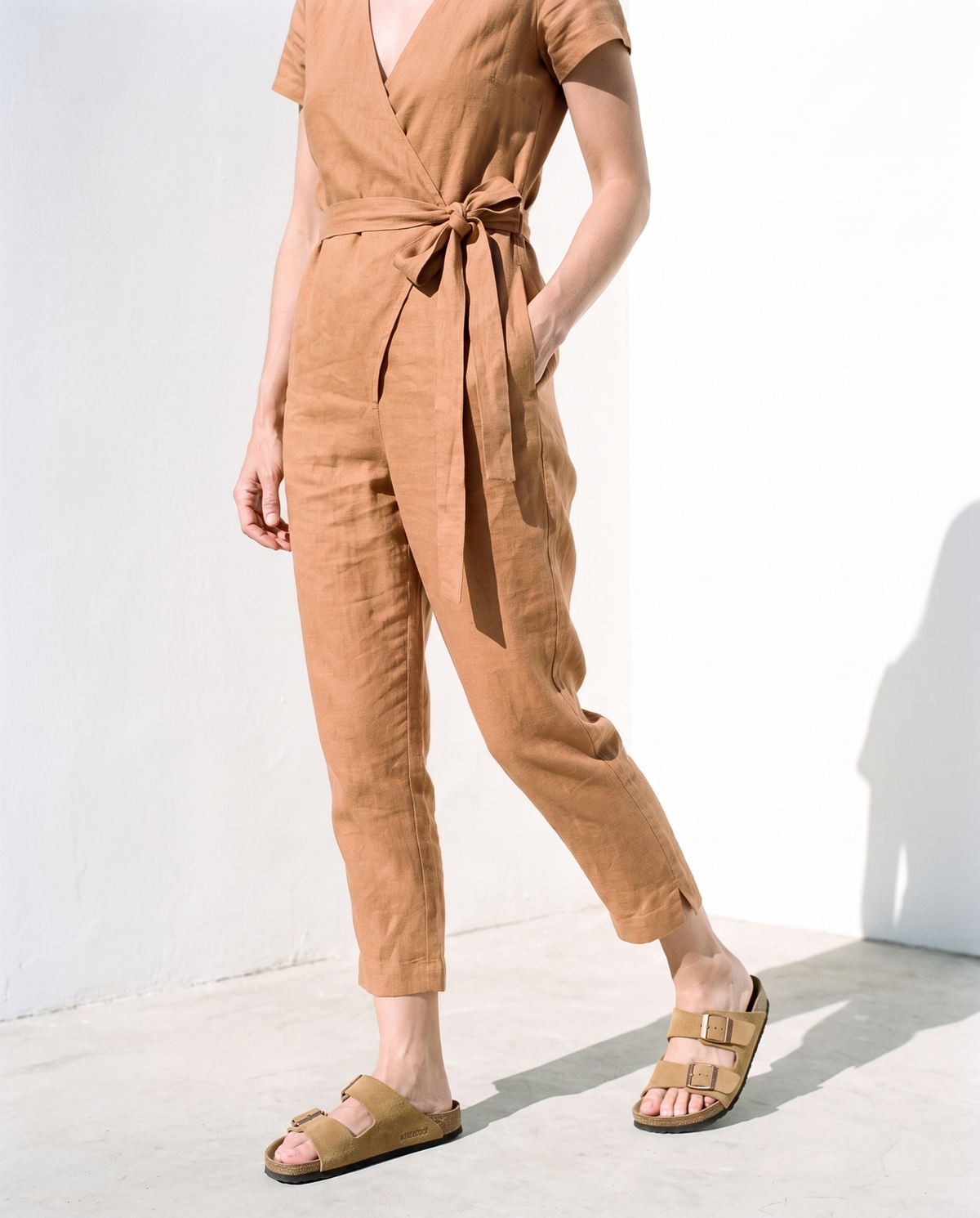 Wrap Linen Jumpsuit in camel