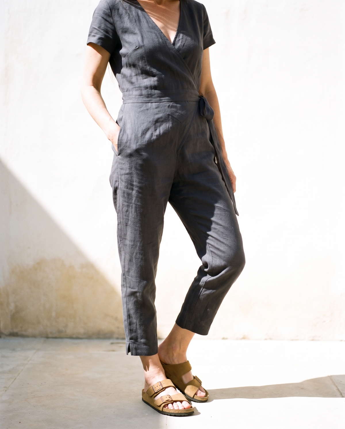 Wrap Linen Jumpsuit in charcoal
